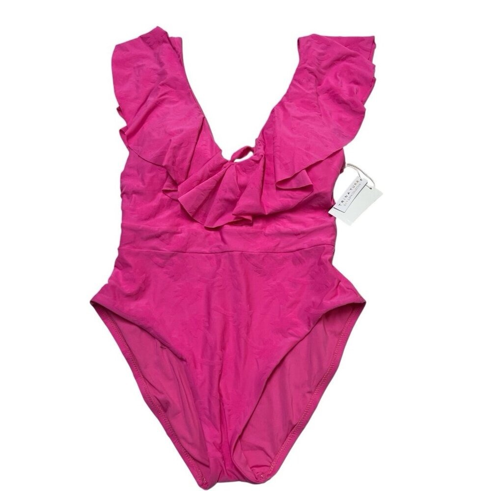 Trina Turk Swimsuit 6 Venus Pink‎ Sway Ruffle Plunge 1 Piece Resort Vacation